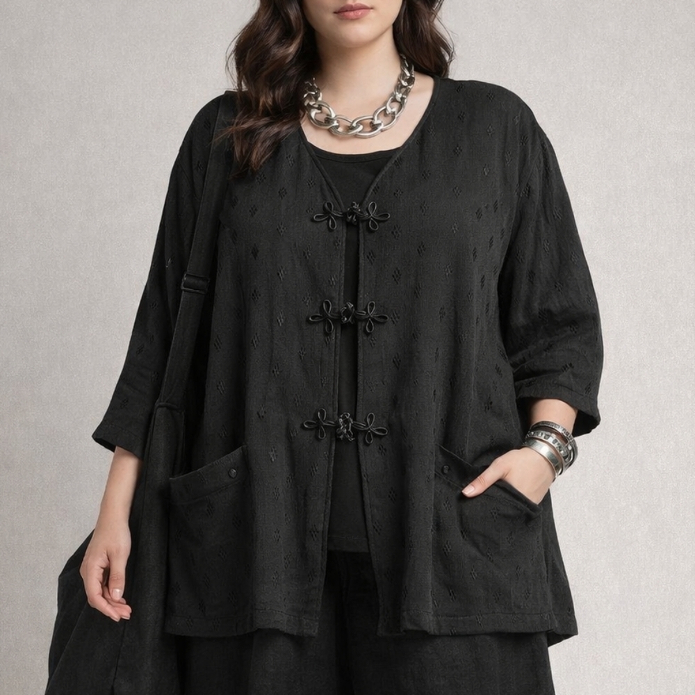 Vintage Michael Blake Black Frog Closure Jacket Top Artsy Lagenlook Minimalist